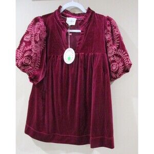 NWT Umgee Velvet Top Women Med Pink Embroidered Puff Sleeves MSRP 64.00